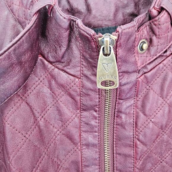 Vintage Guess '90s Burgundy Faux Leather Mandarin Neck Quilted Moto Jacket XL - Picture 16 of 16